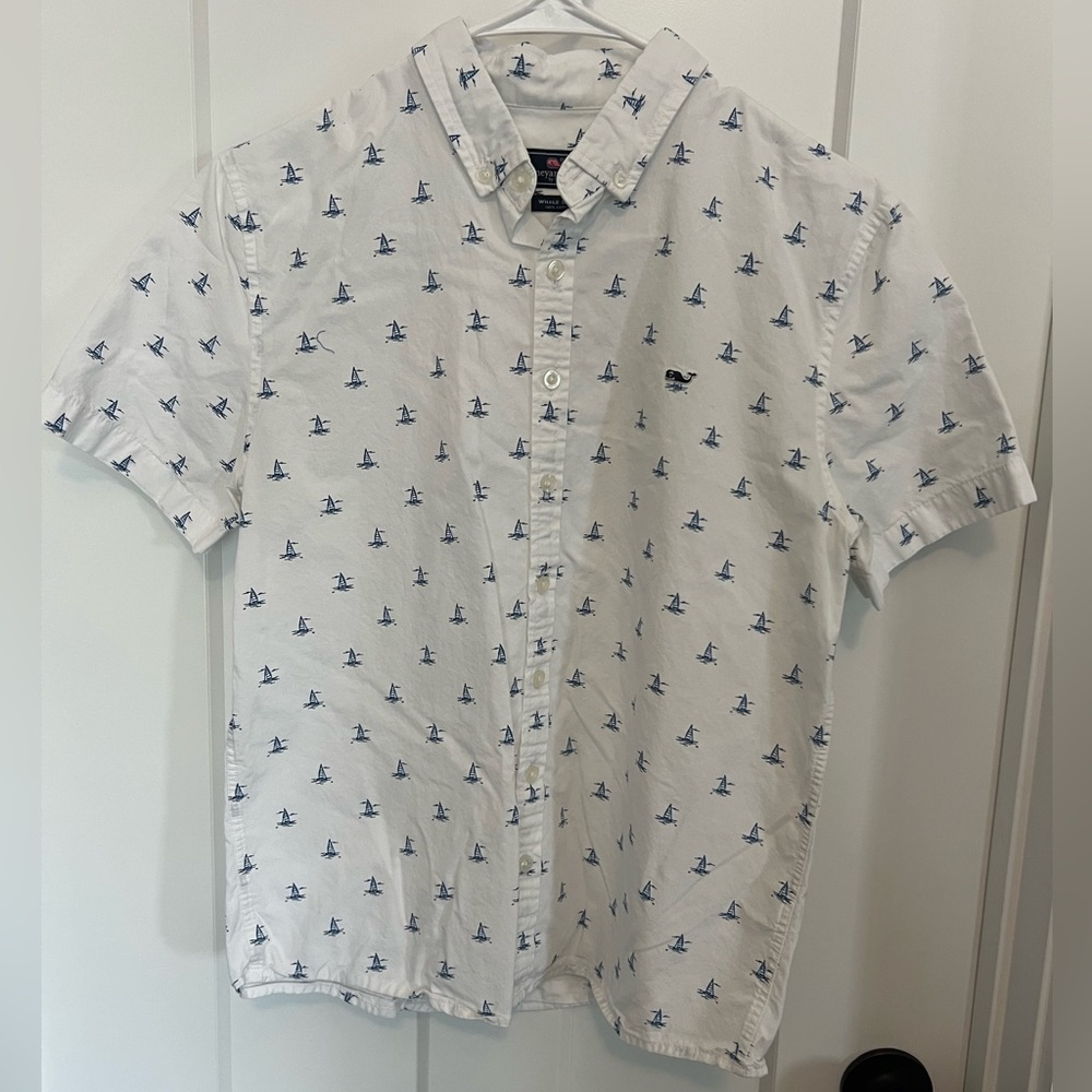 Vineyard Vines:Classic Whale Shirt 100% Cotton White Navy Sailboat: Size Boys XL